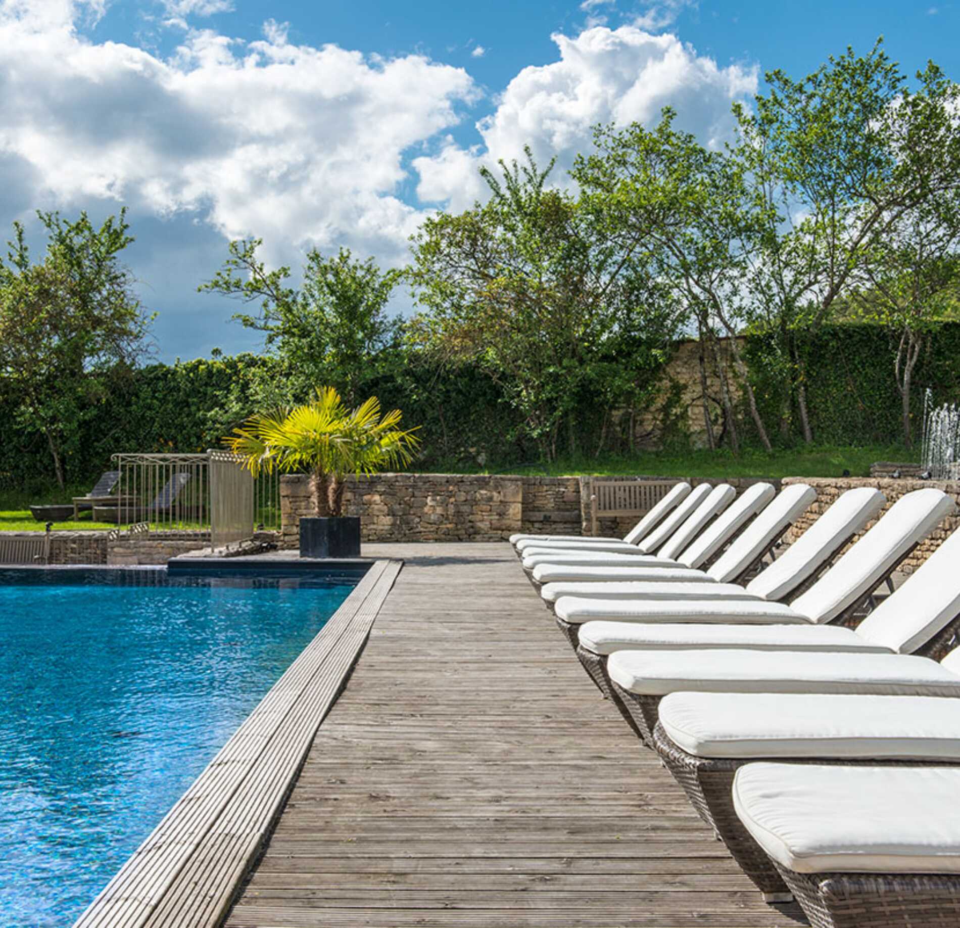 Piscine extérieure paisible avec rangée de transats confortables sur terrasse en bois, entourée de verdure et baignée de lumière naturelle.