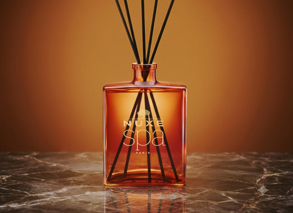 Un flacon en verre carré, teinté d’un orange chaud, est posé sur une surface marbrée sombre. À l’intérieur, plusieurs tiges noires plongent dans le liquide et s’ouvrent vers le haut comme un diffuseur de parfum.
Le flacon porte l’inscription « NUXE spa PARIS » en blanc. L’arrière-plan est un dégradé d’orange, avec une lumière douce qui fait ressortir les reflets du verre et du liquide.