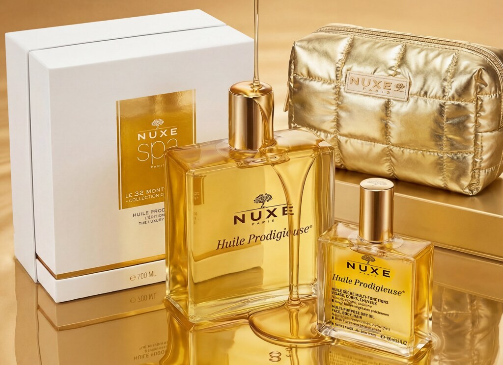 Plusieurs produits NUXE sont disposés sur une surface entièrement dorée et brillante. Au centre, un grand flacon Huile Progieuse accompagné d’un plus petit flacon similaire, avec leurs étiquettes lisibles « Huile Prodigieuse ».
À l’arrière, une boîte blanche avec un panneau doré et une trousse matelassée dorée complètent la composition. L’ensemble, baigné d’une lumière chaude, crée un rendu luxueux et élégant avec de nombreux reflets dorés.