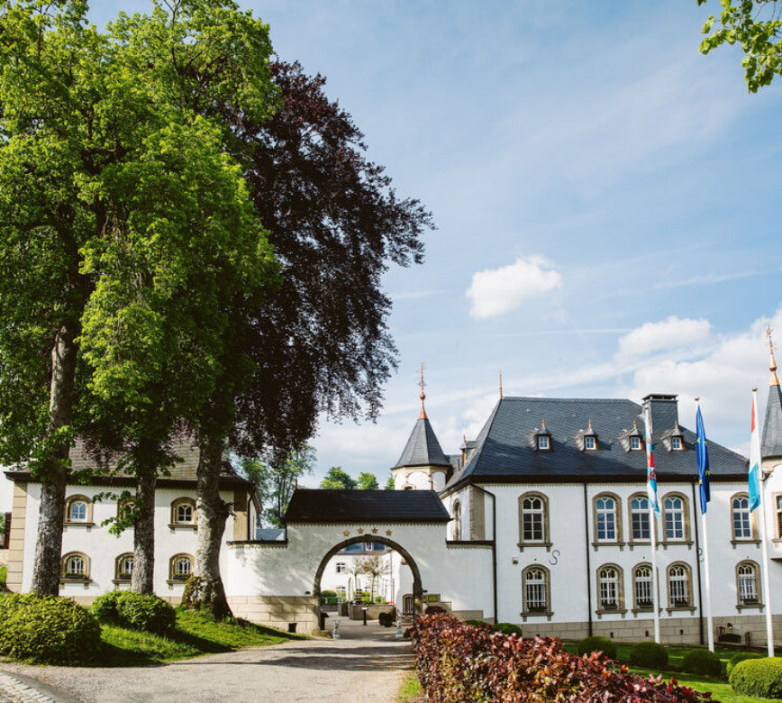  Superbe propriété de style traditionnel, composée de bâtiments élégants aux toitures en ardoise et fenêtres symétriques, encadrée par de grands arbres verdoyants et une arche d’entrée, dans un cadre naturel lumineux et apaisant