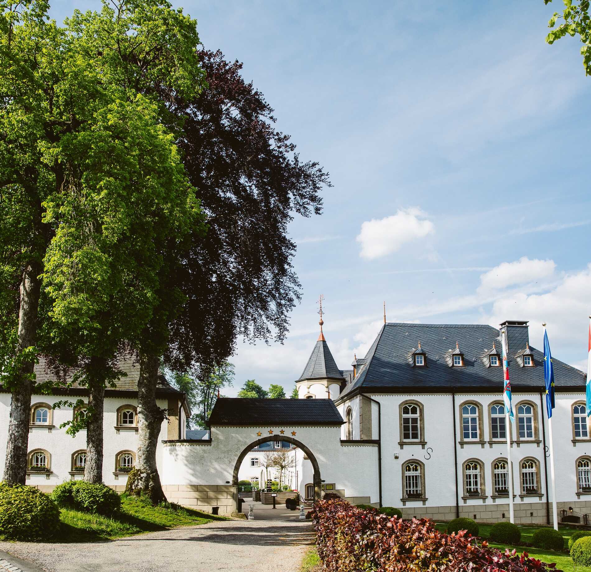 Élégant domaine de caractère entouré d’arbres majestueux, avec une architecture classique aux façades claires et toits en ardoise