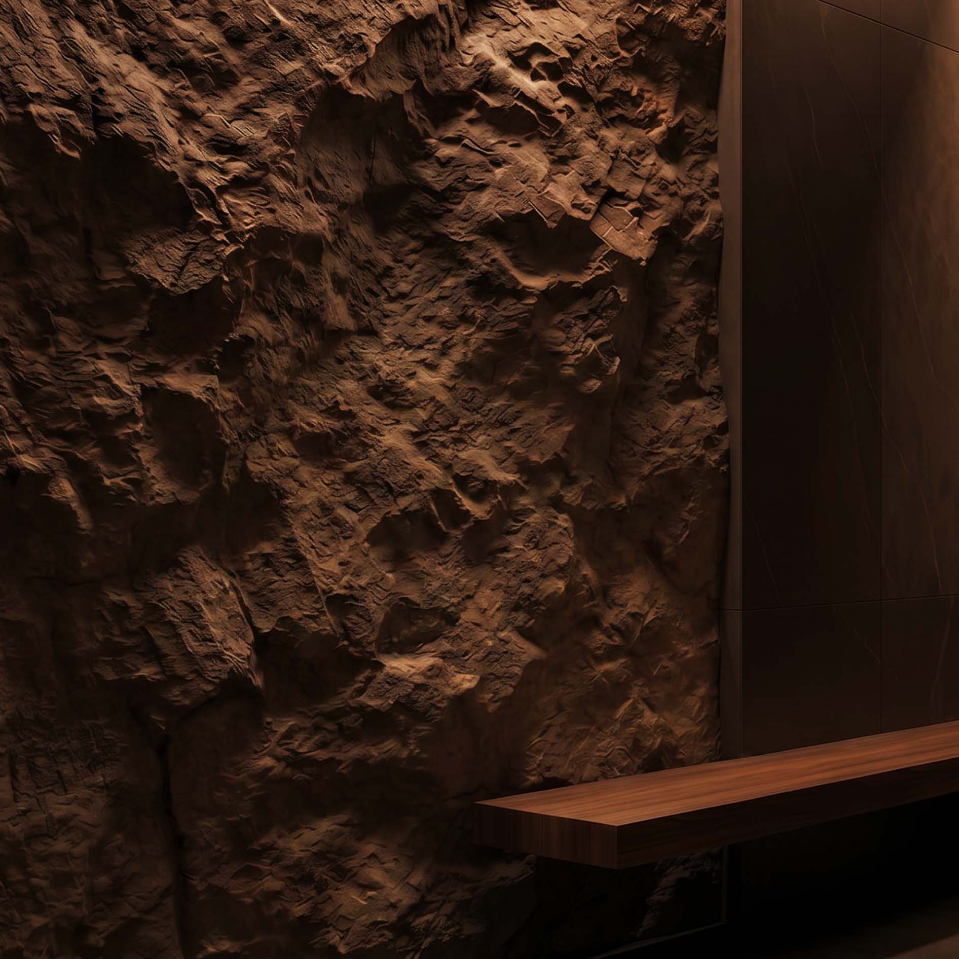 Un mur texturé aux reliefs bruts, inspiré de la roche naturelle, confère à cet espace une atmosphère chaleureuse et minérale. Sublimé par la lumière tamisée et accompagné d’un banc en bois épuré, cet ensemble crée un lieu intimiste, propice à la détente et à la sérénité.